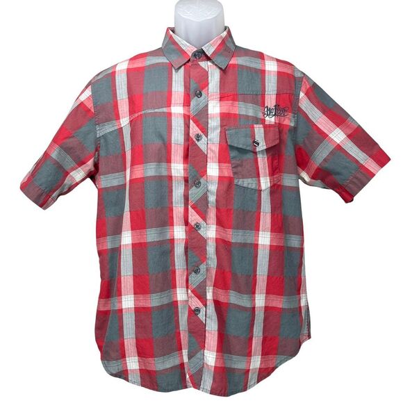 No Fear Other - No Fear‎ Men's Large Y2k Grunge Red Plaid Short Sleeve Button Up Camp Shirt